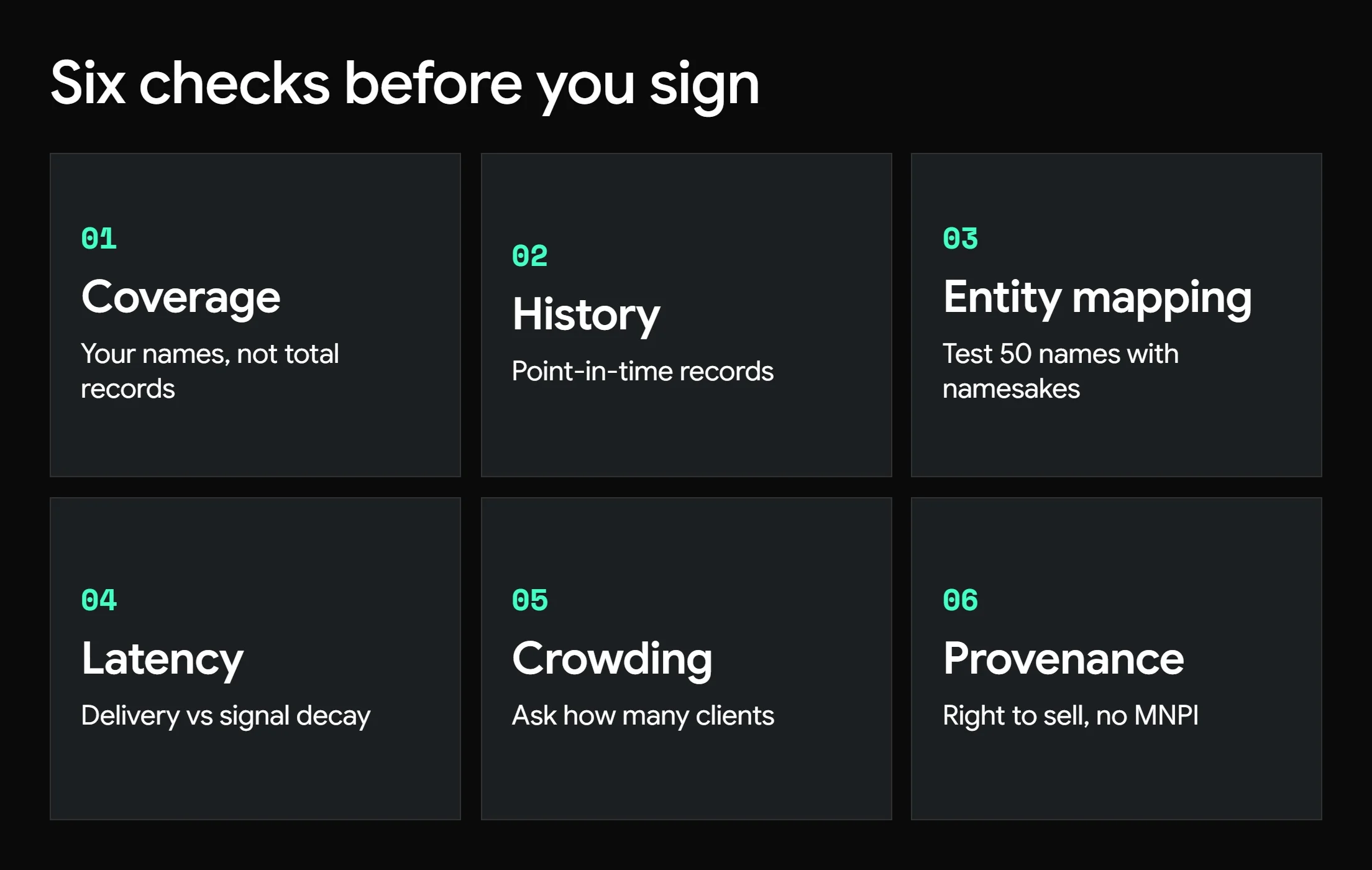 Six-step dataset vetting flow: coverage, history, entity mapping, latency, crowding, provenance